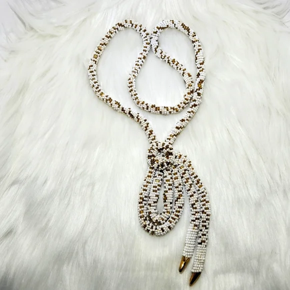 Vintage White and Gold Tone Beaded Braided Necklace Extra Long 21" L - Picture 1 of 5